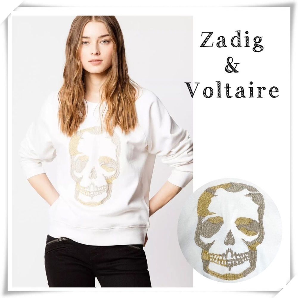 ZADIG & Voltaire Upper Skull Glitter Embroidered SweatShirt in White Size XS